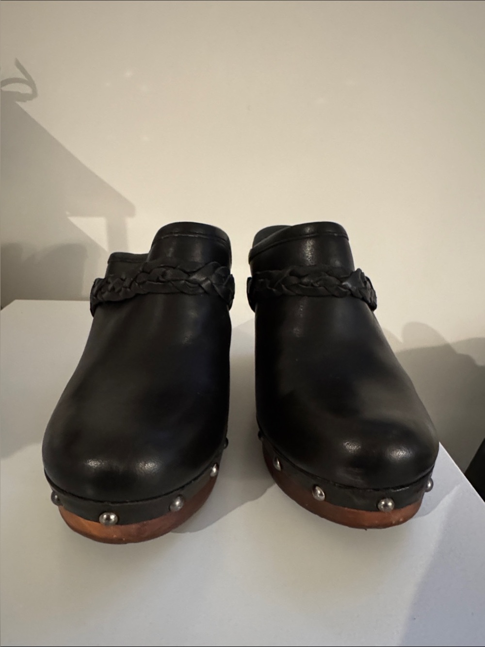UGG Black Leather Braided Clog Mules with Wooden Heel - Picture 2 of 6